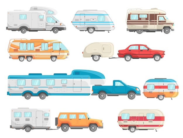 Motorhome cars Caravan rv campers retro travel car vintage trailer caravans vacation vehicle motorhomes wheel road traveler trucks icon set decent flat vector illustration