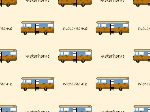 Motorhome cartoon character seamless pattern on yellow background Pixel style