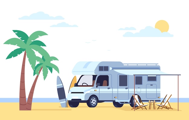 Vector motorhome stands on beach next to palms and surfboards caravan camper automobile camping van summer vacation car trailer driving voyage vehicle surfing and sunbathing vector concept