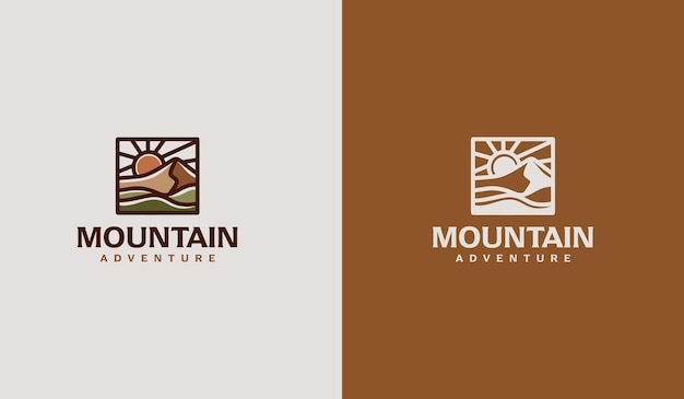 A mountain adventure logo is shown on a brown and white background.