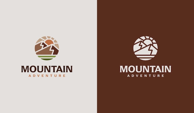 A mountain adventure logo with a brown and white background