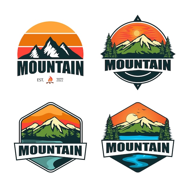 Mountain adventure vector logo badge. Outdoor mountain view logo vector illustration.