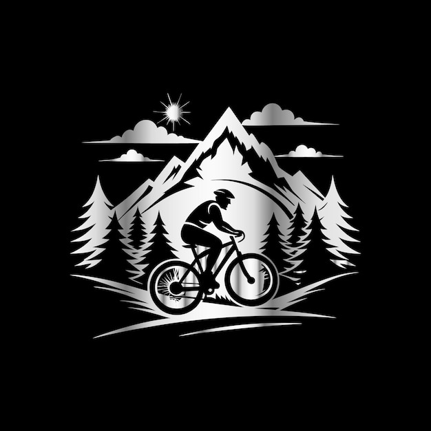 Vector mountain bike and forest vector logo design template bicyclist on the road