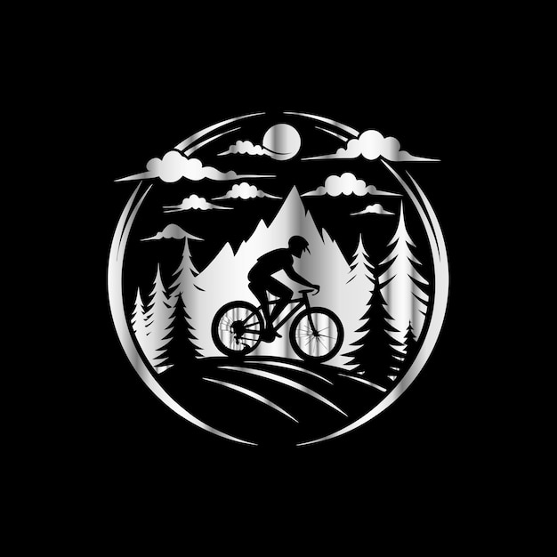 Vector mountain bike and forest vector logo design template bicyclist on the road