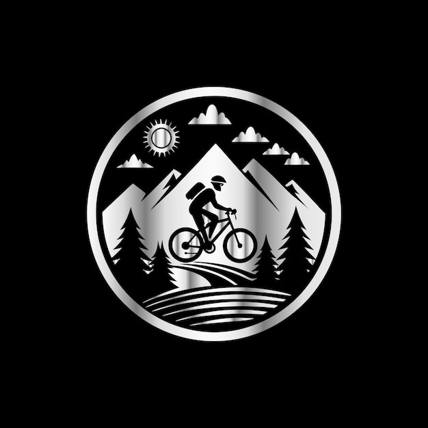 Vector mountain bike and forest vector logo design template bicyclist on the road