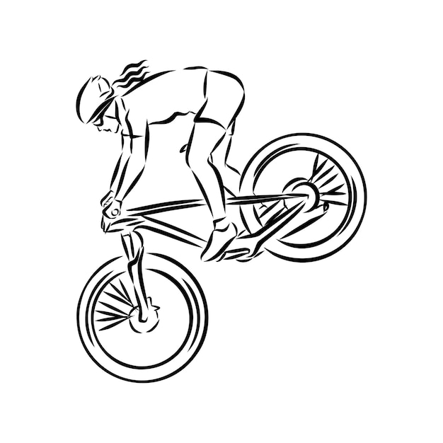 Mountain biker, mountain bike, sketch, contour vector illustration