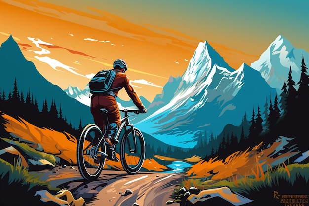 Vector mountain biker on mountain