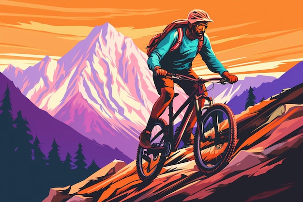 Vector mountain biker riding in mountains