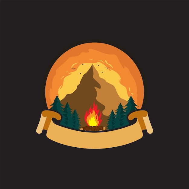 Mountain and bonfire logo badge template