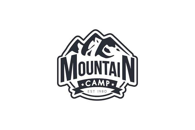 Mountain camp vector monochrome logo template. Mountaineering, tourism, ski resort retro badge