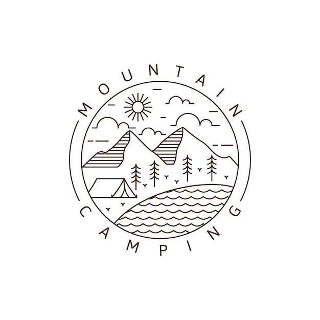 Mountain and camping monoline or line art style vector illustration