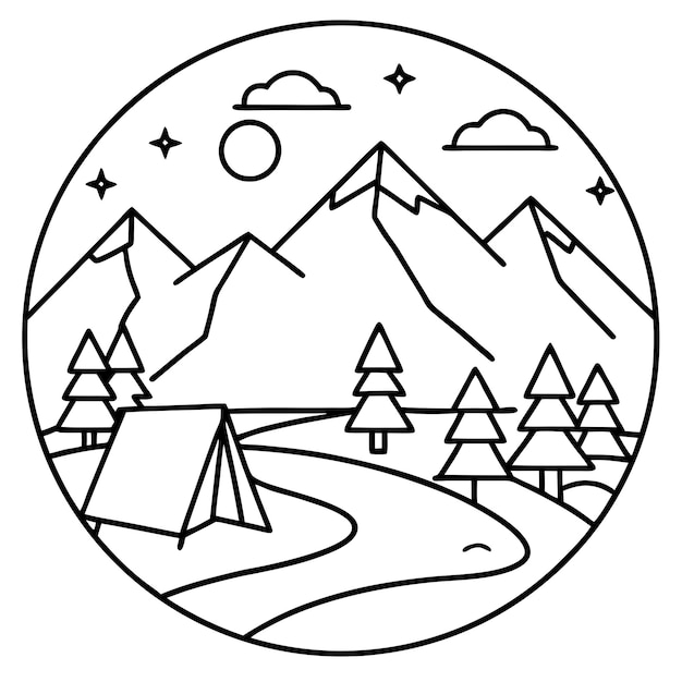 Vector mountain camping outline coloring book page line art drawing