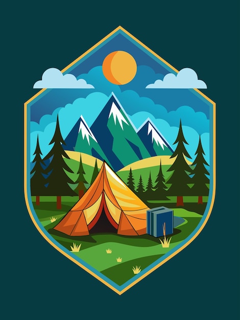 Mountain Camping Scene with Tent and Cooler