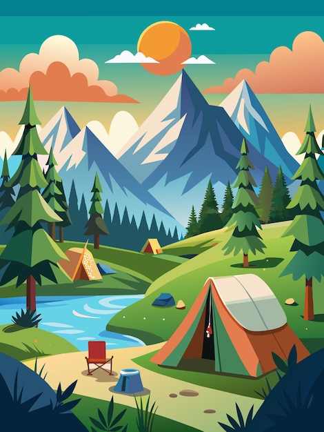 Mountain Camping Scene with a Tent and a River