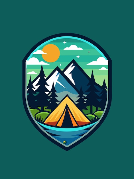 Mountain Camping Scene with a Tent Sun and Stars