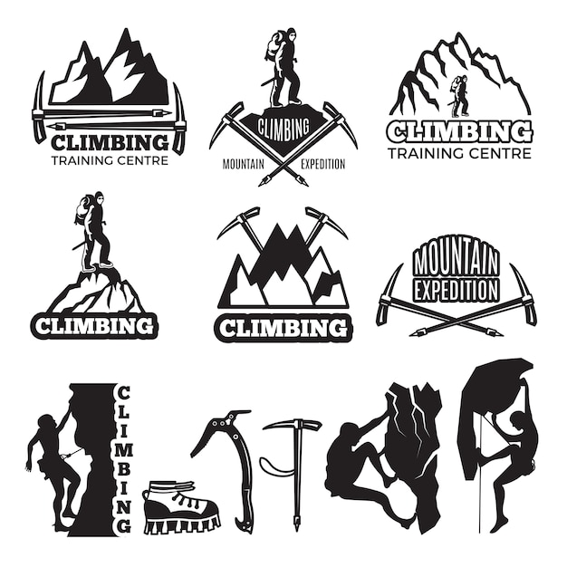 Mountain climbing and different equipment.  labels template with place for your text. Climbing extreme badge silhouette, logo exploration climbing illustration