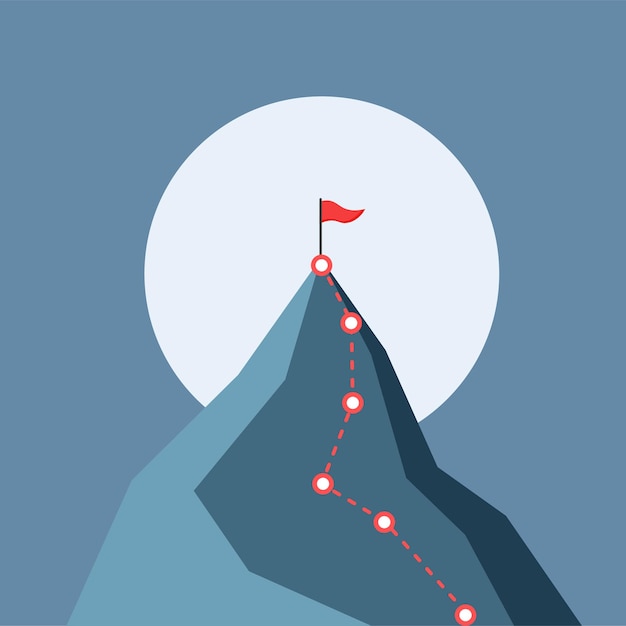 Mountain climbing route to peak Business journey path Red flag symbol of success Black background