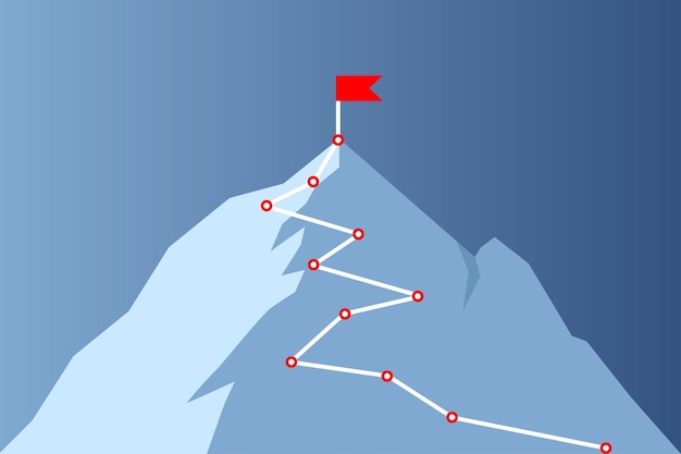 Vector mountain climbing route to peak concept illustration of career top goal growth plan