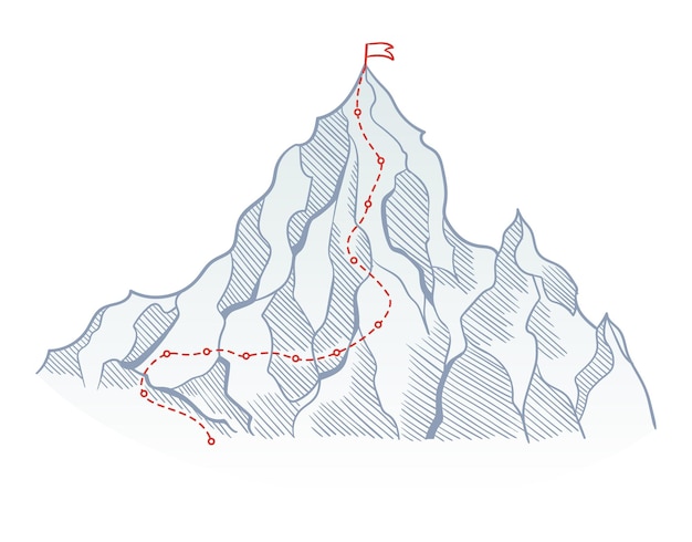 Mountain climbing route to top rock with red flag on peak Business journey path in progress way to success or concept of goal Vector polygon dot connect line style