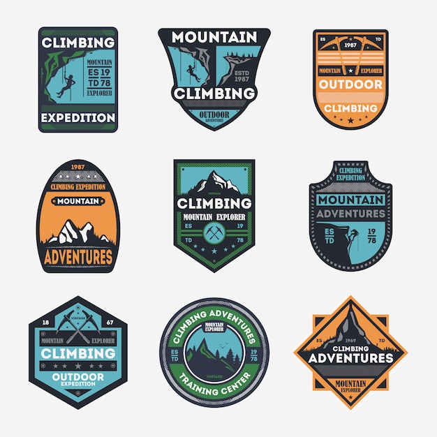 Vector mountain climbing vintage isolated badge set