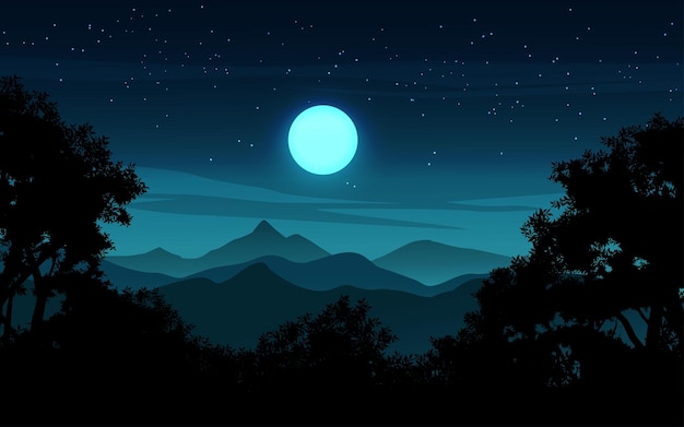 Mountain dark night sky landscape with full moon and stars