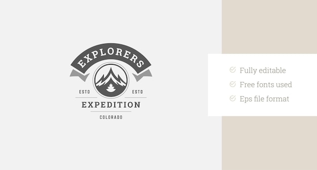 Mountain extreme expedition discovery travel retro logo design template vector flat illustration