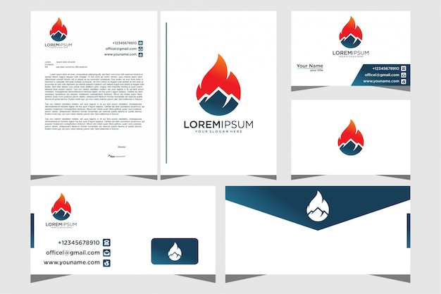 mountain fire logo design with stationery