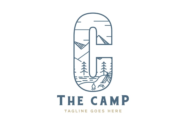 Mountain Forest Lake and Tent in Letter C for Camp Outdoor Adventure Logo Design