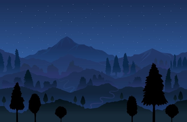 Mountain and Forest at Night Landscape Background