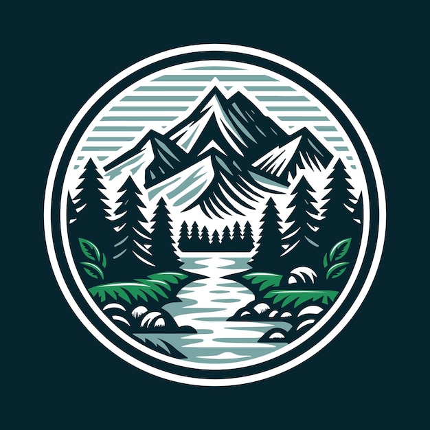 mountain forest and river logo design badge