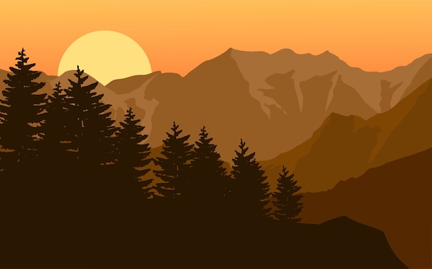 Mountain forest silhouette landscape on sunset