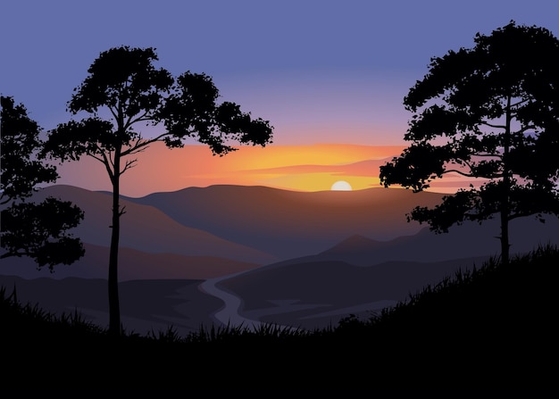 Mountain forest sunset Vector nature landscape