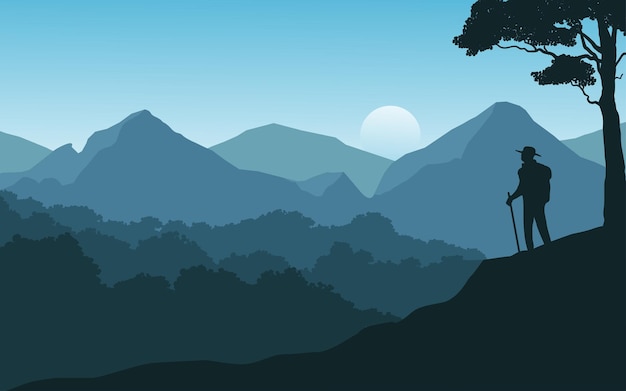 mountain and forest vector illustration with silhouette of a hiker