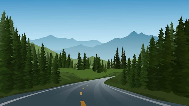 Mountain forest with empty road illustration