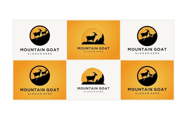 Mountain goat logo mountain goat silhouette logo with rocks and sun vector illustration