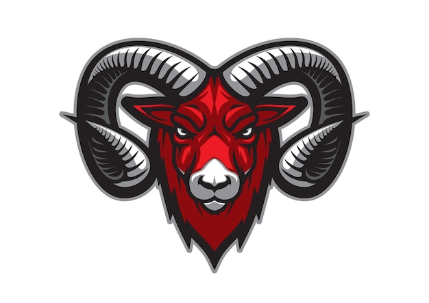 Mountain goat mascot with vector head of bighorn ram Sport team mascot of isolated cartoon goat animal with angry face large curved horns and red fur strong aggressive mammal monster tattoo