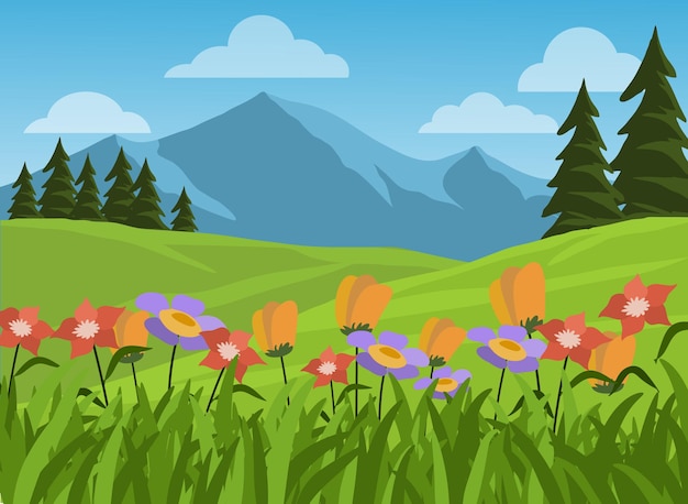 Mountain and grassland landscape with colorful flowers