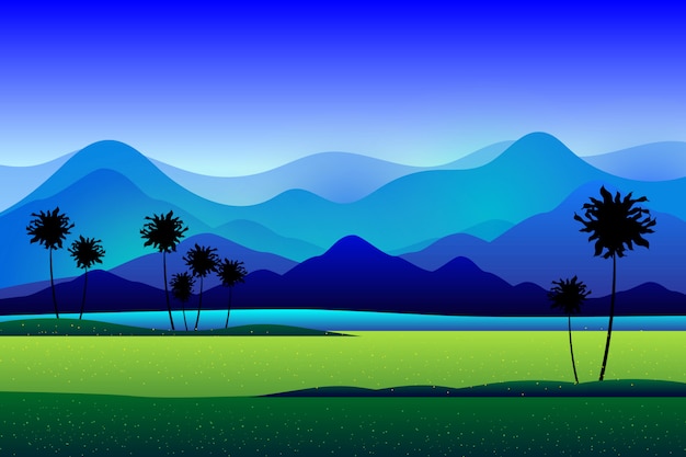 Mountain and green rice field background