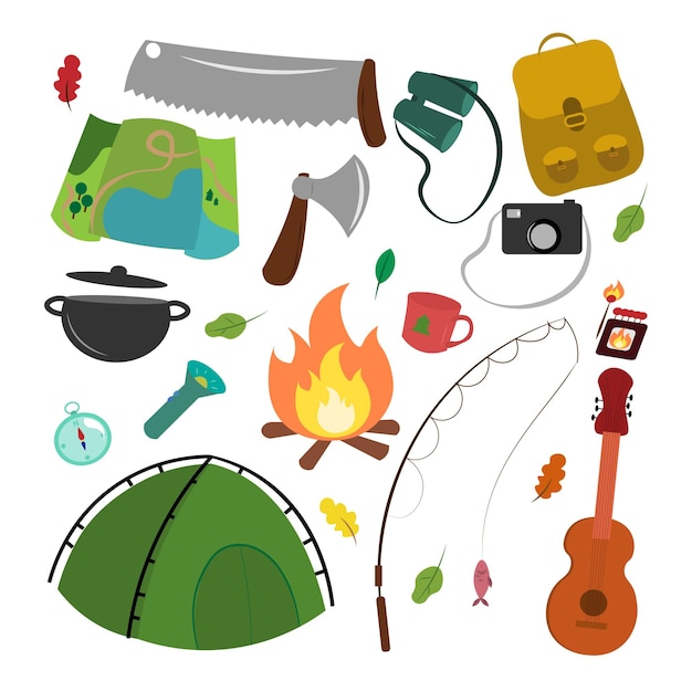 Mountain hike elements Autumn forest camping set Hiking equipment and gear vector icon collection Mountains tent binoculars campfire barbecue flashlight lantern camera Tourist camp tools