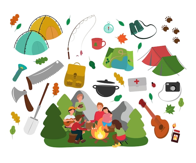 Mountain hike elements Autumn forest camping set Hiking equipment and gear vector icon collection Mountains tent binoculars campfire barbecue flashlight lantern camera Tourist camp tools