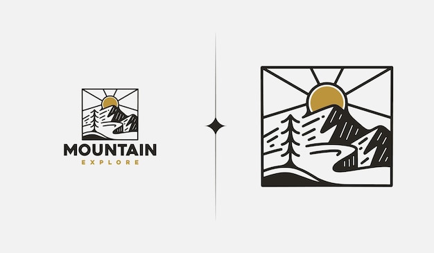 Mountain Hill Top Sun Rays monoline Universal creative premium symbol Vector sign icon logo template Vector illustration