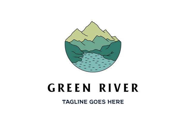 Mountain Hill with River Creek Dam Lake Logo Design Vector