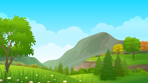 Mountain and hillside view with lush trees and grass