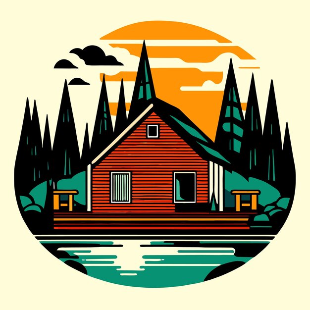 Vector mountain lake cabin in forest nature landscape