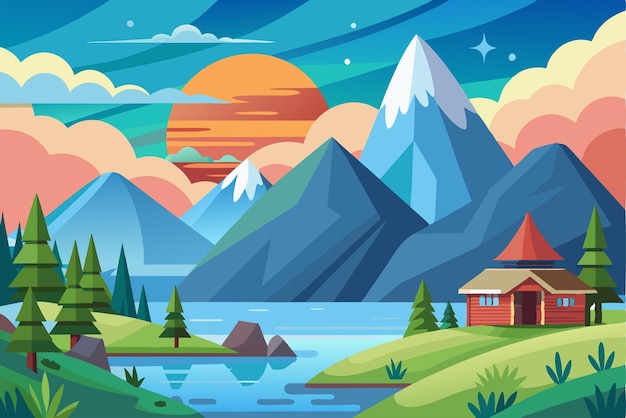 Mountain Lake Cabin Landscape with Sunset and Stars