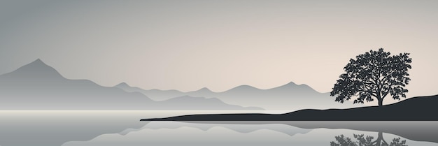 Vector mountain lake at dawn minimalistic landscape panoramic view illustration