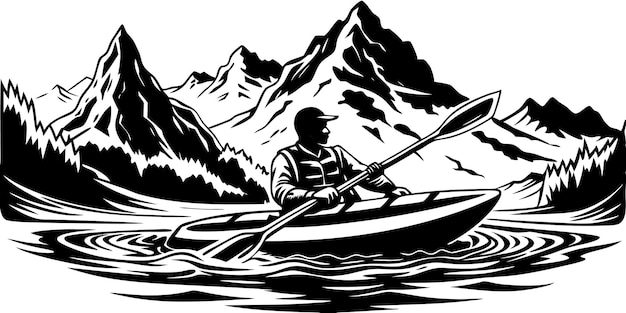 Mountain Lake Kayaking Silhouette of Man Rafting Vector illustration on white background