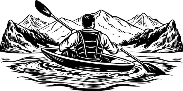 Mountain Lake Kayaking Silhouette of Man Rafting Vector illustration on white background