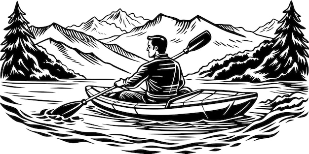 Mountain Lake Kayaking Silhouette of Man Rafting Vector illustration on white background