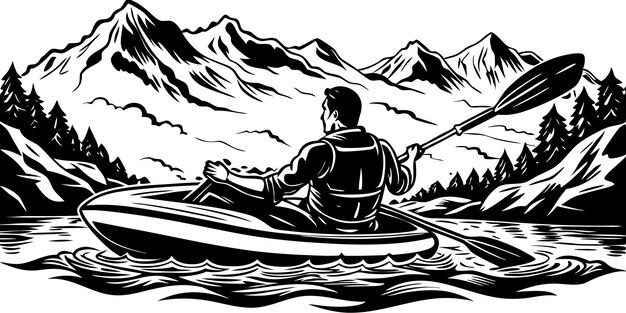 Mountain Lake Kayaking Silhouette of Man Rafting Vector illustration on white background